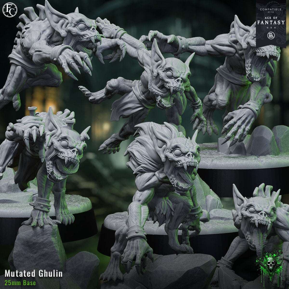 a bunch of small white sculptures of monsters