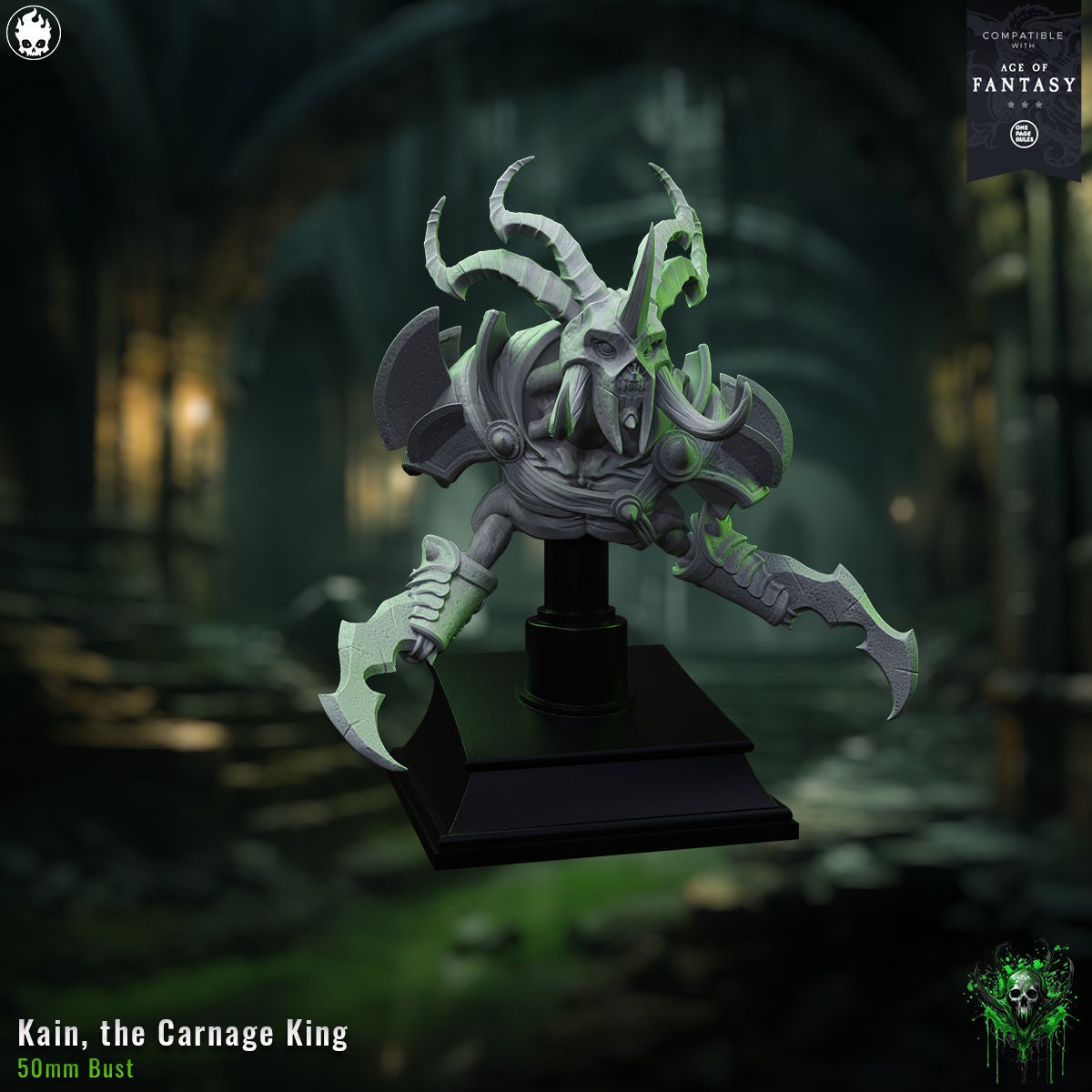 a statue of a demon with a green glow on it's face