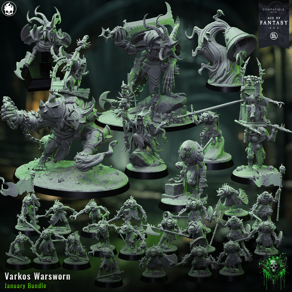 a group of warhammers painted in green and white