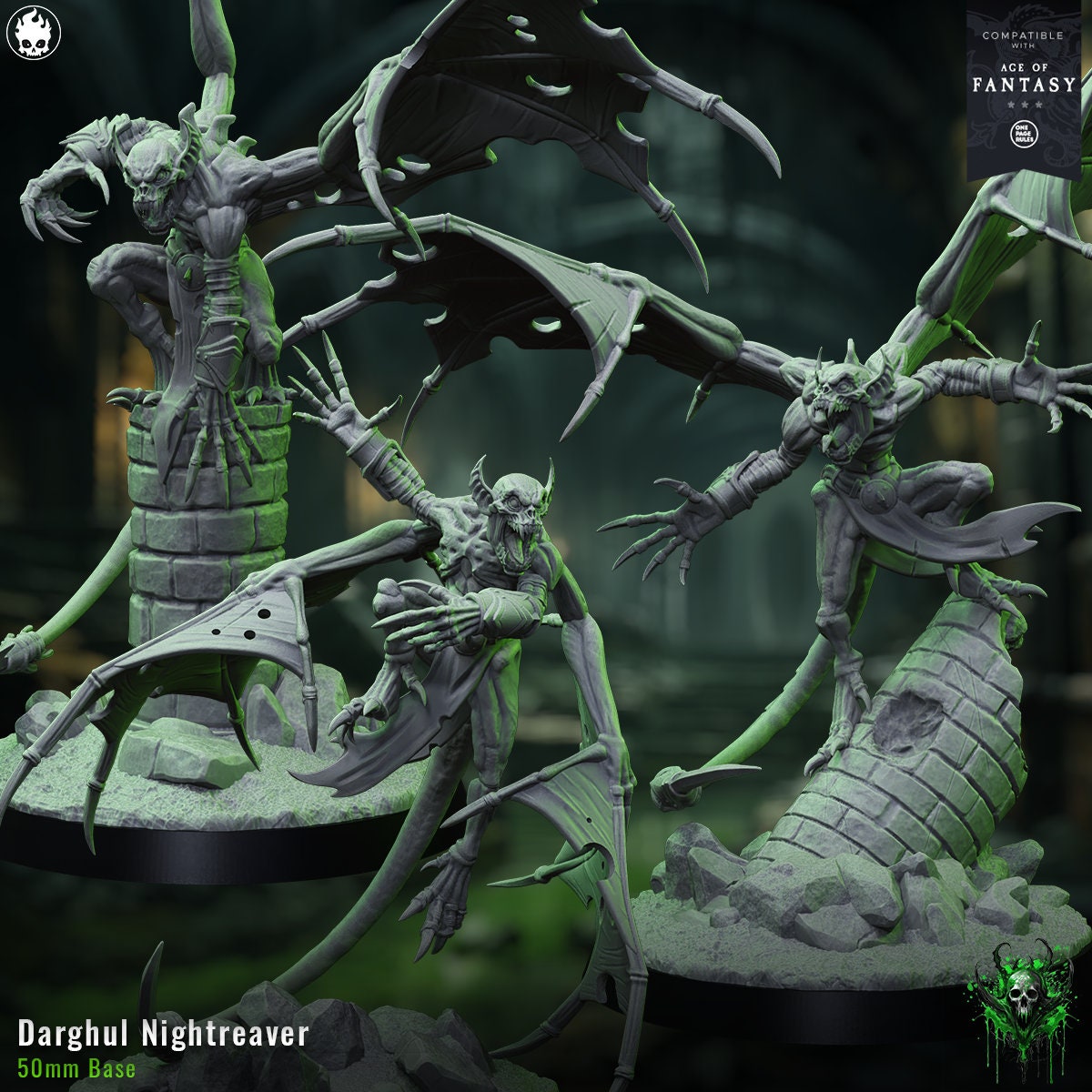 a green and black statue of a dragon and a demon